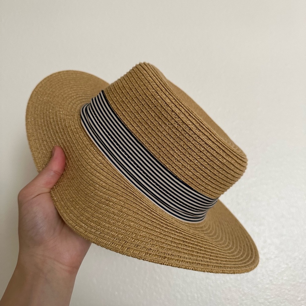 Rattan sunhat with black and white striped ribbon